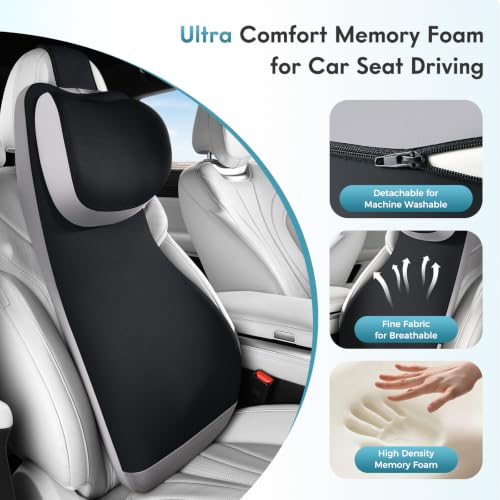 Image of FLORICH Upgraded Car Seat Lumbar Support Pillow and Adjustable Headrest One-Piece Design, Memory Foam Breathable Back Neck Support Cushion, Widened Design for Car Seat Long Driving Back Pain Relief