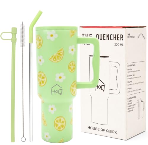 Image of House of Quirk 1200ML Stainless Steel Tumbler with Handle & Lid, 2 Straws - Large Travel Mug Water Cup for Gym, Office & Outdoor Use (Green Lemon)