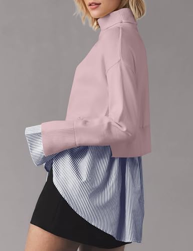 Image of MISSACTIVER Women Slit Turtleneck Patchwork Sweater 2 in 1 Buttons Down Pullover Knit Sweater Asymmetrical Hem Shirt Top