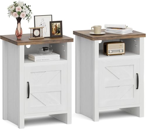 JUMMICO Farmhouse Nightstand Modern Bedside Table with Barn Door and Shelf Rustic End Table Side Table for Bedroom Living Room(2 White)