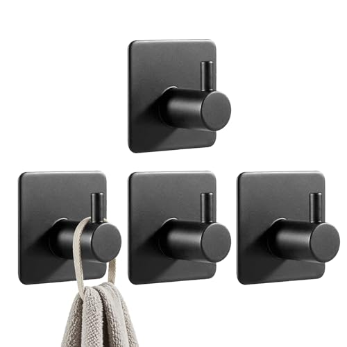 Feligio Crochet Adhésif Mural Patere Murale - 4 en Acier Inoxydable Noir Résistant - Accroche Torchon Cuisine et Patere Salle de Bain pour Derrière les Portes - Fixation Sans Perçage