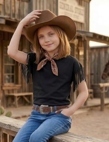 Image of Noomelfish Girls Fringe Sleeve T-Shirts Tassel Casual Summer Tee Tops (5-12 Years)