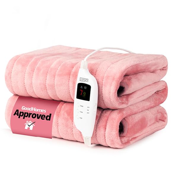 LIVIVO Electric Heated Blanket, 160x130cm – Ultra Soft Fleece Electric Over Blanket Throw with 9 Heat Settings, Timer, Auto Shut-Off – Energy Efficient & Machine Washable - Pink
