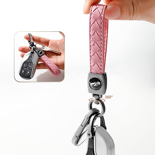 Image of Gkeygo Carabiner Keychain, Universal Heavy Duty Woven Handmade Leather Key Chain, Car Fob Key Keychains with 360 Degree Rotatable Snap Swivel and Anti-Lost D-Ring for Men and Women, Gunmetal - Pink