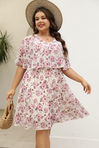 Image of Keluummi Plus Size Wedding Guest Dress for Curvy Women, Boho Floral Empire Waist Midi with Sleeve