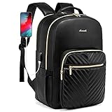 LOVEVOOK Laptop Backpack for Women, Leather Business Work Backpack Purse, Fashion Travel Bag with USB Charging Port, Water Resistant College School Bookbag, Fit 15.6 Inch Laptop, Black