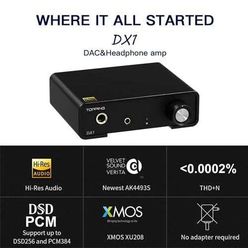 Image of Topping DX1 DAC Headphone Amplifier Combo, 280mWx2 HiFi DAC Amp, Two-Stage GAIN Switch USB Chargable Discrete LNRD, AK4493S DSD256 32Bit /384kHz XMOS XU208 Amps(Silver)