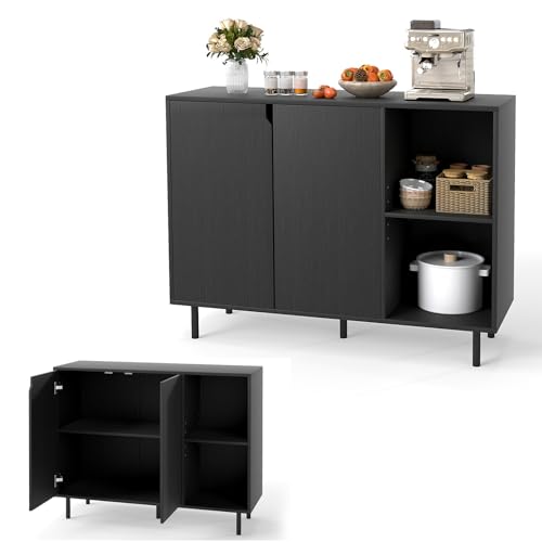 KOMFOTTEU Armario Buffet de Cocina, Aparador Bajo con 2 Puertas y 2 Compartimentos, Mueble Auxiliar con Estante Ajustable de 5 Niveles, Mueble de Almacenamiento con Protección Antivuelco (Negro)