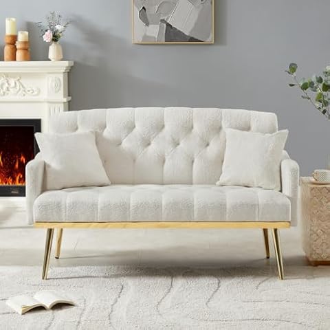 hansones Modern Upholstered Velvet Loveseat Sofa,Tufted Upholstery, Comfy Reception Love Seats,Small Spaces Bedroom Apartment Office Living Room (Beige Teddy) Cover