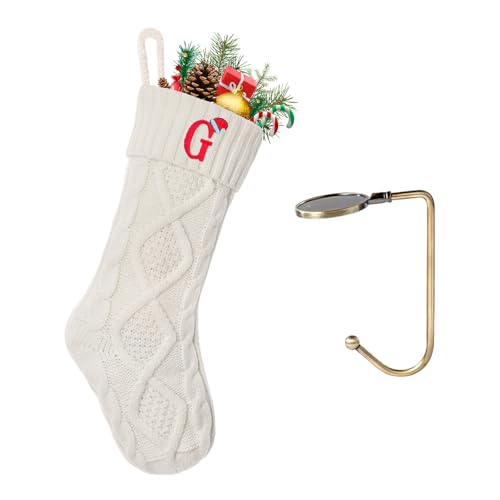 VRFASHION Christmas Stockings with Initials, Letter G Embroidered Xmas Stockings, 18" Large Monogram Knitted Xmas Stocking, Christmas Party Fireplace Family Hanging Stocking Decorations(1 Pack, White)