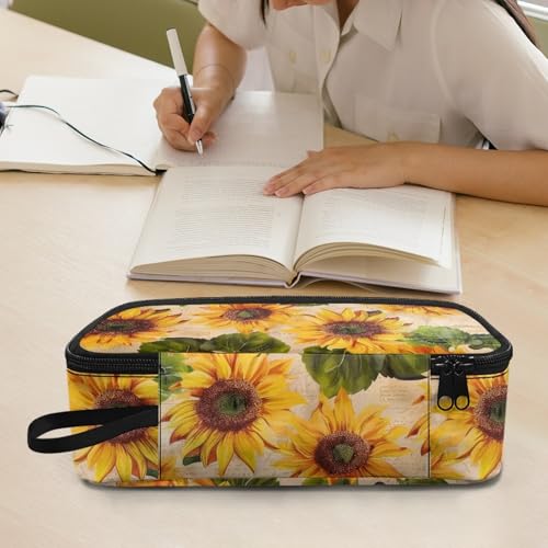 Image of Sunflower Vintage Large Pencil Pouch for Women Girls Aesthetic Pencil Case with Pen Slot Kids Pencil Bag for Eleementary Children Boys Pencil Container for Teens Students Pencilcase