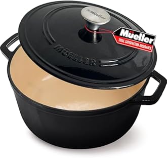 MUELLER HOME 6 Quart Enameled Cast Iron Pot Dutch Oven, Heavy-Duty Oven-Safe up to 500° F, & Across All Cooktops, Casserole Dishes for Ovens, Bread Pan with Lid and Knob, Cast Iron Cookware, Black