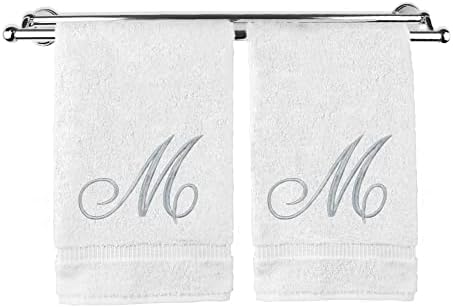 Monogrammed Hand Towel, Personalized Gift, 16 x 30 Inches - Set of 2 - Silver Embroidered Towel - Extra Absorbent 100% Turkish Cotton- Soft Terry Finish - For Bathroom, Kitchen and Spa- Script M White