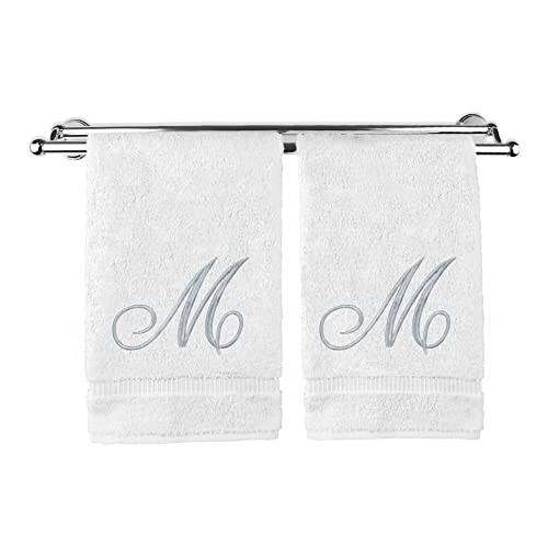 Monogrammed Hand Towel, Personalized Gift, 16 X 30 Inches - Set Of 2 - Silver Embroidered Towel - Extra Absorbent 100% Turkish Cotton- Soft Terry Finish - For Bathroom, Kitchen And Spa- Script M White #TOP3