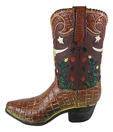 Ebros Gift Rustic Western Faux Tooled Leather Crocodile Prints Cowboy Cowgirl Boot With Texas Longhorn Cow And Western Stars Decorative Figurine Or Floral Vase Planter Table Countertop Accent #TOP1