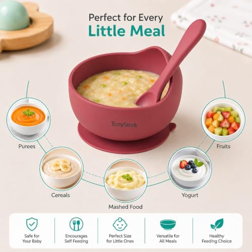 Image of TONY STARK Silicone Unbreakable Baby Bowl & Handle Spoon - Suction Design, Non-Slip, BPA Free, Dishwasher & Microwave Safe (Wine Red, 1 Piece)