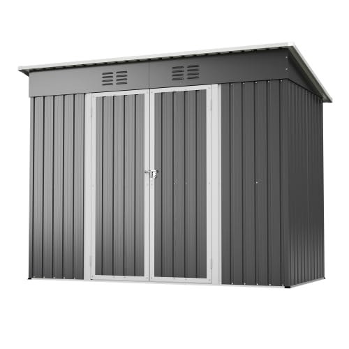 Metall Geräteschuppen 242x126x182 cm – Wetterfester Gartenschrank mit Abschließbare Tür, Schrägdach & Belüftung – Fundamentrahmen für Garten, Terrasse, Fahrrad & Mülltonnenbox (Grau)