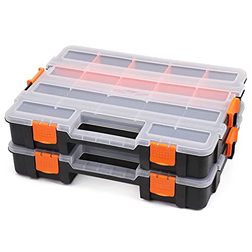 Makitoyo Tool Box Organizers, Interlocking Black Small Parts Organizer For Fasteners, Parts And Crafts W/Removable Dividers, 2 Pieces Pack, Black & Orange,15”L×11.6”W×2.6”H #TOP2