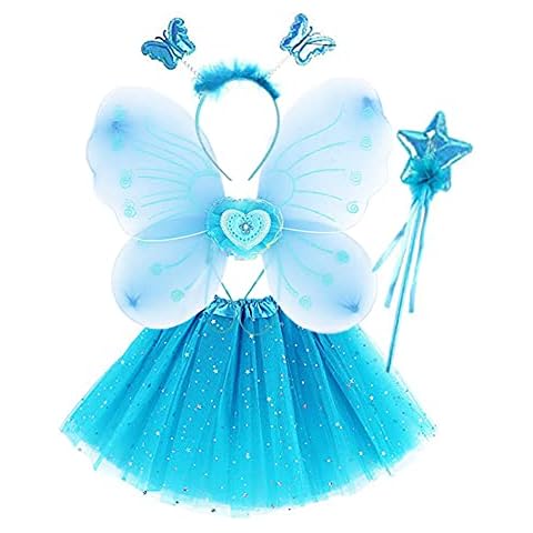 Girls Fairy Costumes with Wings Headband Kids Butterfly Wings Costume Fairy Fancy Dress up Outfit Party Birthday Holiday Favor, Blue, Pack of 4 Cover