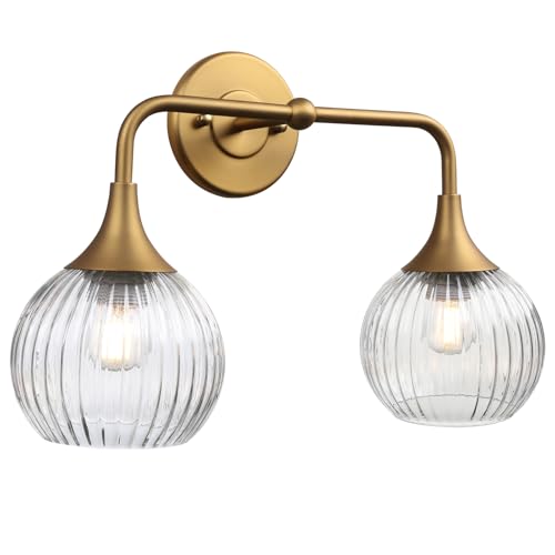 Image of Pathson 2-Lights Globe Wall Sconce Light, Striped Glass Bathroom Wall Vanity Lamp for Mirror, Hardwired Vintage Wall Sconce Lighting for Wall Painting Living Room Bedroom Farmhouse