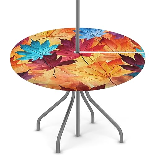 cfpolar Colorful Fall Maple Leaves Outdoor Round Fitted Tablecloth with Elastic Edge, Waterproof Table Cover with Umbrella Hole Table Cloth, for Party Family Dining Fits 36-44 in Diameter Table