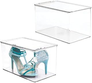 mDesign Wardrobe Storage Box  Stackable Plastic Box with Lid  Versatile Clothes Storage for the Bedroom  Grey