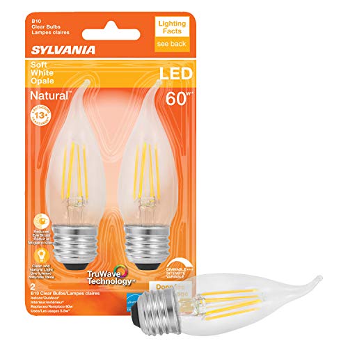 SYLVANIA LED B10 Natural Light Series Light Bulb, Medium Base, 60W Equivalent, Efficient 5.5W, Dimmable, Clear Finish, Soft White 2700K Color Temperature, 2 Pack (40758)