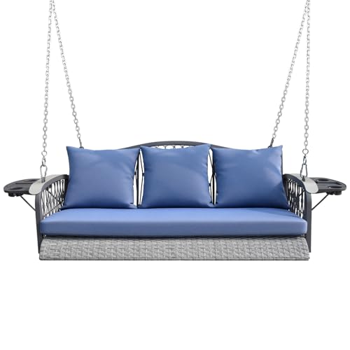 ZZW Wicker Porch Swing Heavy Duty 900 LBS 3-Seat Outdoor Patio Swing Chair with Cushions & 8.9ft Chains Outdoor Hanging Bench with Upgraded Cup Holders for Garden Deck Backyard