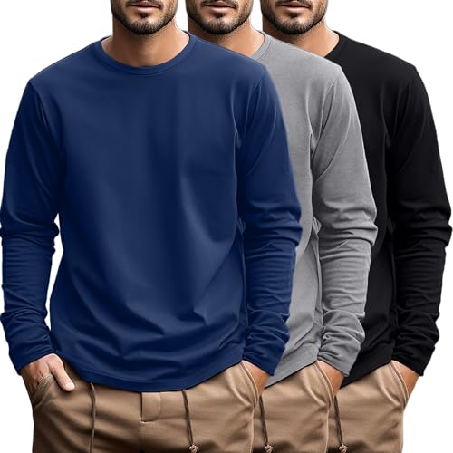 Ficerd 3 Pack Men's Big and Tall Shirts Long Sleeve Cotton Tee