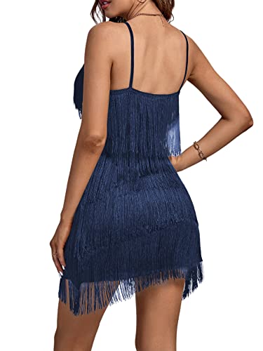 Image of Umenlele Women's Layered Fringe Deep V Neck Cami Mini Dress Sleeveless Tassels Flapper Dresses
