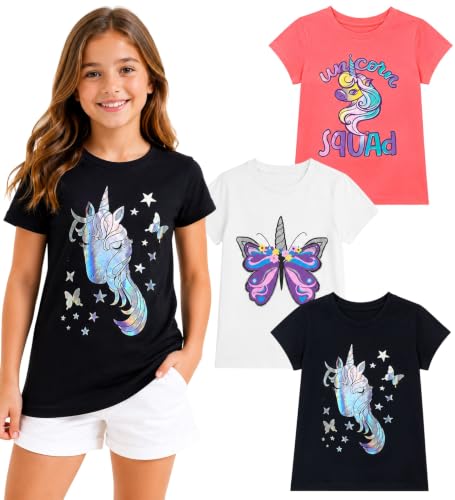 Image of MISS POPULAR Girls 3-Pack Super Soft Short Sleeve T-Shirts Unicorn Butterfly Glitter Print Cute Design| Sizes 7-16