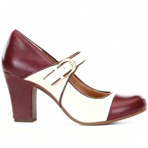 Image of SHODENSE Women Vintage Chunky High Heel Mary Jane Shoes Round Closed Toe Ankle Strap Dress Sandals 3 inch Block Heels Mary Jane Lolita Pumps Two-Toned Patchwork Buckle Office Lady Wedding Retro 4-11 M US