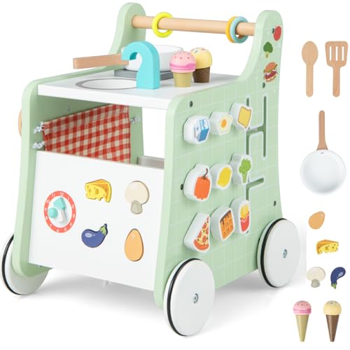 Maxmass 6 in 1 Baby Walker, Wooden Learning Walkers with Wheels, Teaching Clock, Shape Matching and Movable Slider, Pretend Play Kitchen First Steps Toddler Walker for 1 Year Old+ (Green)