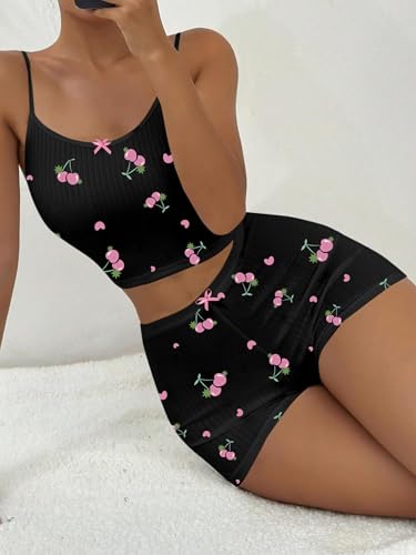 Image of Hilinker Women's 2 Piece Fruit Pajama Set Ribbed Cami Top and Shorts Sleepwear Cute Pjs Black Pink Cherry X-Large