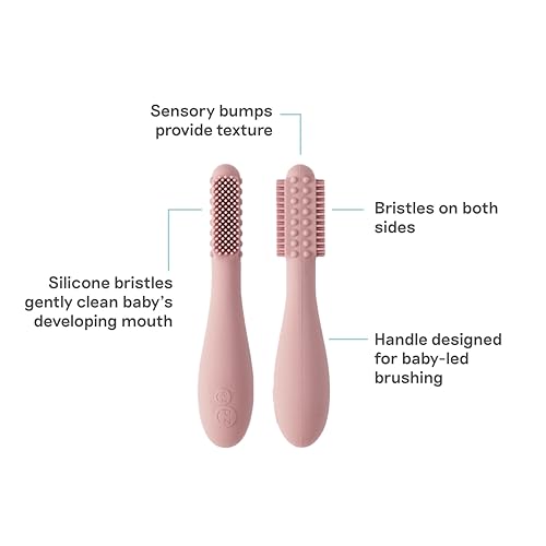 Image of ezpz Baby-Led Toothbrush (Blush) - 3 Months + - 100% Silicone Infant Toothbrush with Sensory Bumps - Cleans Gums + New Teeth - Improves Hand-to-Mouth Coordination, Self-Feeding Skills