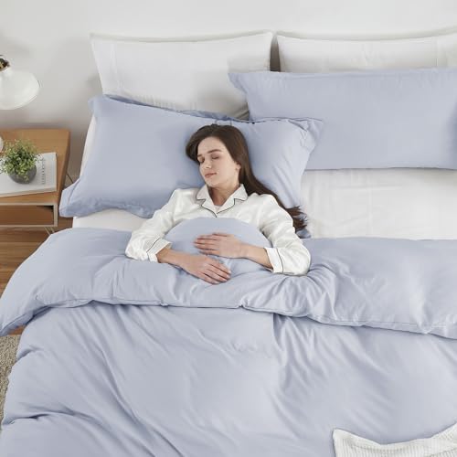Image of Hearth & Harbor Ice Blue Duvet Cover Queen Size, 3 Piece Bedding Set | Soft Double Brushed Bedding Set, Button Closure, 1 Duvet Cover 90x90 Inches, 2 Pillow Shams