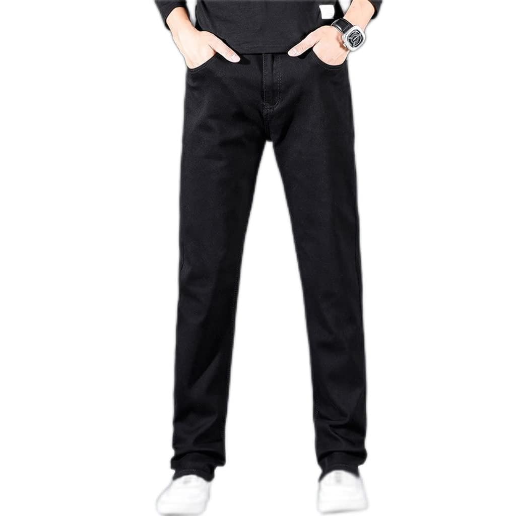 Embroidered Regular Fit Denim Pants Male Black Stretch Mens Jeans Business