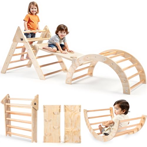 RUIE Klettergerüst Indoor 7-in-1 Kletterdreieck mit Rutsche, Hölzernes Kletterdreieck Set für kletterbogen ab 1 Jahr, Montessori klettergerüst, Kletterturm, Kinder Indoor Spielplatz