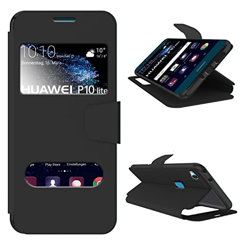 N NEWTOP Cover Compatibile per Huawei P10 Lite, HQ Windows Notifiche Display Risposta Finestra Custodia Libro Flip Magnetica Simil Pelle Stand Protettiva (Nero)