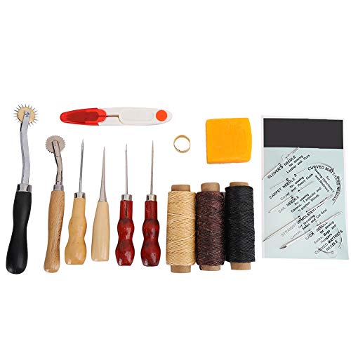 Kit de Herramientas de Cuero 13 Piezas, Accesorios de Costura Portátiles con Agujas y Rueda de Tela - Alta Durabilidad, Hilo Encerado y Protección para Dedos
