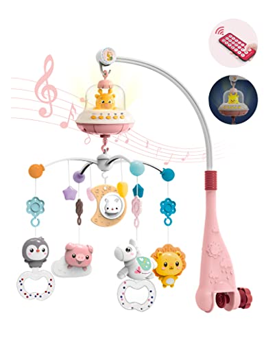 Bsroluna Baby Crib Mobile With Music And Lights, Baby Mobile For Crib With Remote Control, Hanging Rotating Animals Rattles, 16 Songs And Timing Function, Cartoon Baby Crib Toys For Girls (Babypink) #TOP6