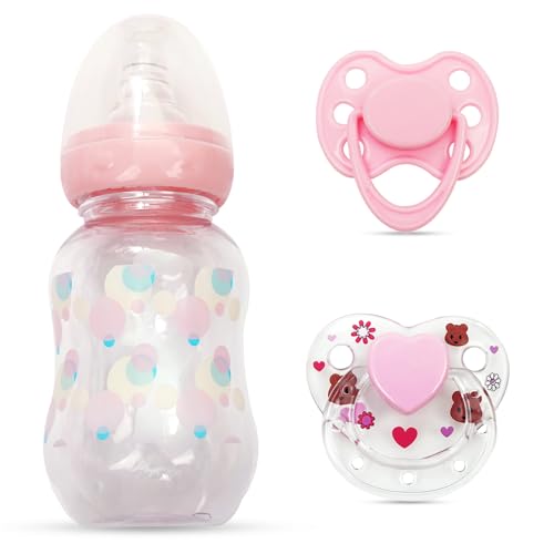 Conjunto de 2 frascos e biberão de estilo rosa, acessórios para bonecas Reborn mais seguros (vem com uma chupeta magnética rosa extra)