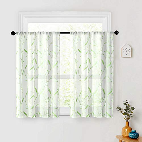 Mrtrees Sheer Tier Curtains Rod Pocket, Short Sheer Voile Kitchen Tiers, Leaves Embroidered Christmas Cafe Curtains Small Window Treatment For Bathroom(2 Panels, 30X30 Inches, Green Wheat Spike) #TOP17