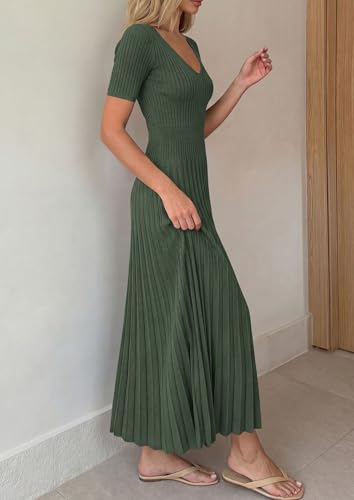 Image of PRETTYGARDEN Women's 2026 Spring Midi Sweater Dresses Elegant Pleated Ribbed Knit Short Sleeve V Neck A Line Summer Outfits