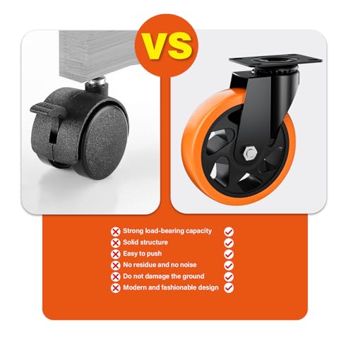 Image of 5 Inch Caster Wheels, Casters Set of 8 Heavy Duty, Orange Polyurethane (PU) Casters, Industrial Swivel Top Plate Castor Wheels for Workbench /Furniture /Cart (Pack of 8)