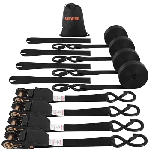 20FT Heavy Duty Ratchet Straps 4-Pack - 1 Inch 1750lb Break Strength Tie Downs for Flatbed Trailers & Large Equipment | Black Industrial Webbing Straps