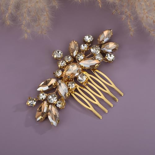 Teyglen Champagne Rhinestone Bridal Side Comb Crystal Bride Wedding Hair Comb Sparkly Hair Accessories Rhinestone Headpiece for Women Hair Piece (Champagne)