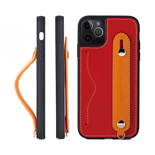 iPhone13 Pro ケース 本革 グリップケース レザー ストラップ付属 イタリア製牛革 ヌメ革 片手操作 カード収納 スタンド機能 メンズ レディース レッド/オレンジ CGH-13Pro-Red-OG