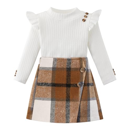 Toddler Girl Clothes Baby Ruffle Ribbed Long Sleeve Ruffle Button Tops + Plaid Skirt Set Kids Girl Fall Winter Outfits 2-6 Years