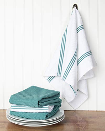 Sticky Toffee Cotton Terry Kitchen Dish Towel, 4 Pack, 28 In X 16 In, Turquoise Stripe #TOP2